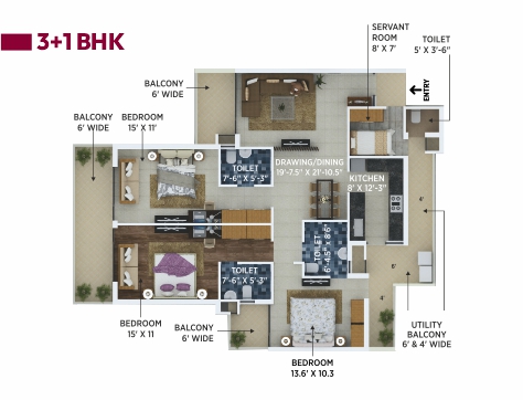 3+1 BHK floor plan